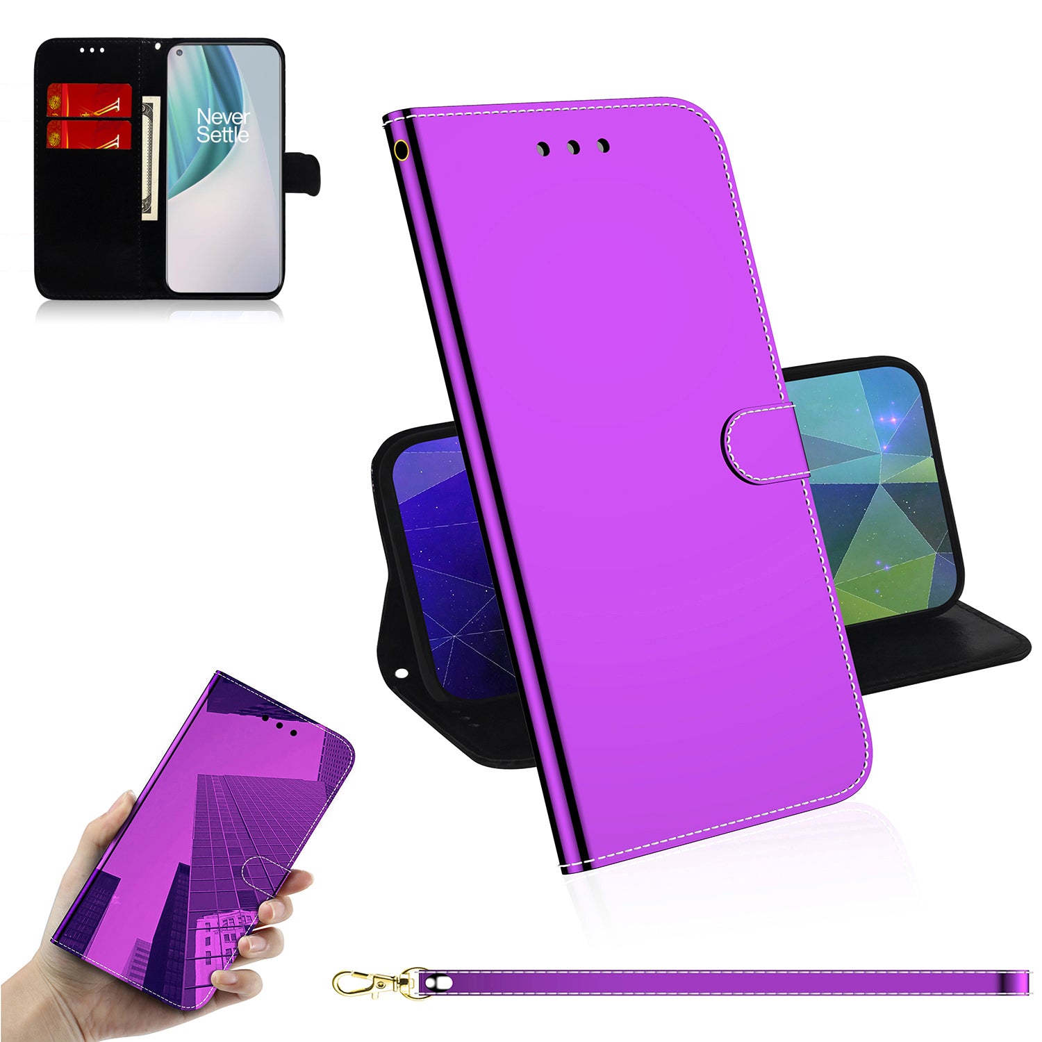 Mirror-like Surface Wallet Stand Leather Case for OnePlus Nord N10 5G