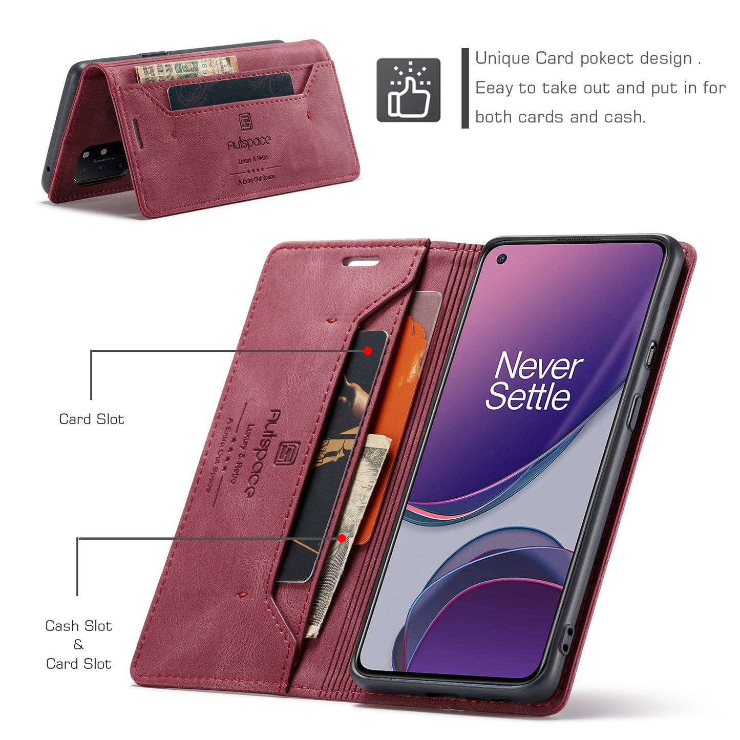 AUTSPACE A01 Series RFID Blocking Retro Matte Leather Case Wallet for OnePlus 8T