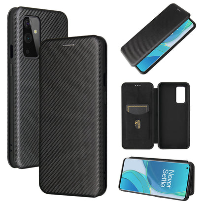 For OnePlus 9 (EU / US Version) Carbon Fiber Magnetic Suction Leather Shell with Card Holder