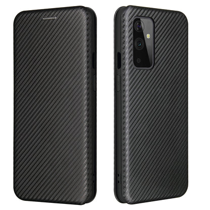 For OnePlus 9 (EU / US Version) Carbon Fiber Magnetic Suction Leather Shell with Card Holder