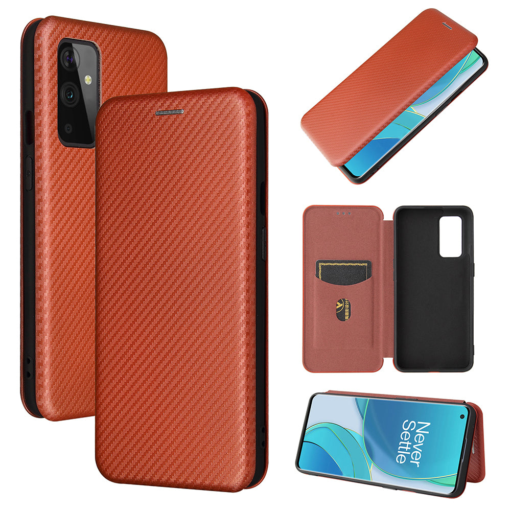 For OnePlus 9 (EU / US Version) Carbon Fiber Magnetic Suction Leather Shell with Card Holder