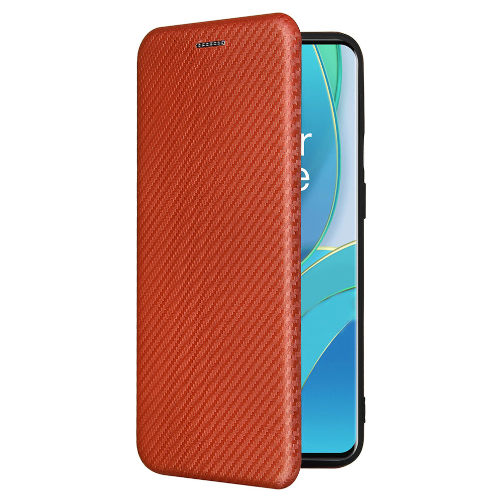 For OnePlus 9 (EU / US Version) Carbon Fiber Magnetic Suction Leather Shell with Card Holder