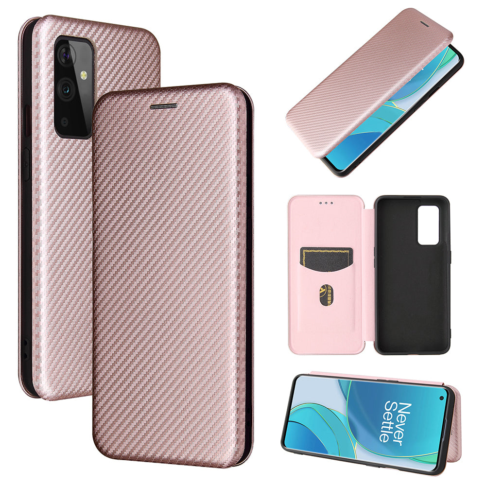 For OnePlus 9 (EU / US Version) Carbon Fiber Magnetic Suction Leather Shell with Card Holder