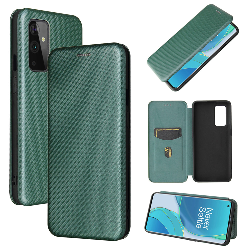 For OnePlus 9 (EU / US Version) Carbon Fiber Magnetic Suction Leather Shell with Card Holder