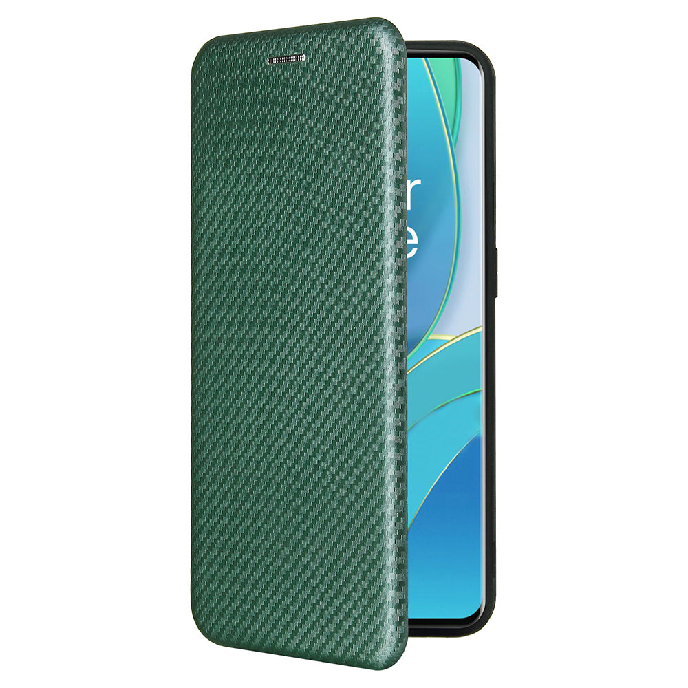 For OnePlus 9 (EU / US Version) Carbon Fiber Magnetic Suction Leather Shell with Card Holder