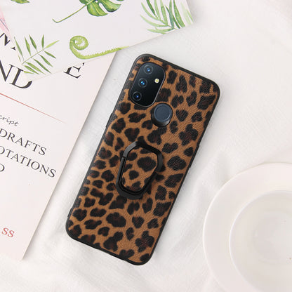 Ring-Shape Kickstand Phone Cover Shell with PU Leather Coated TPU Design for OnePlus Nord N100