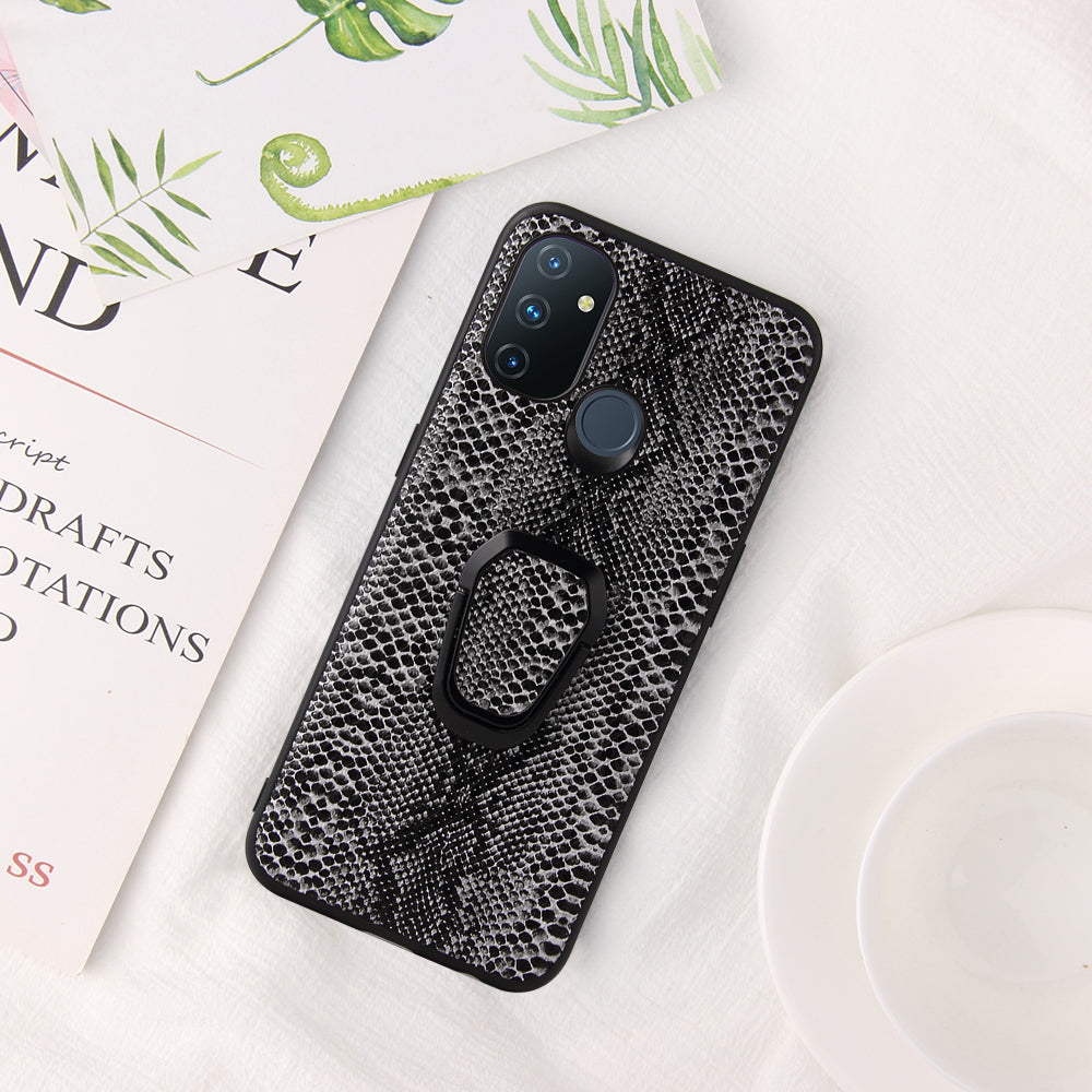 Ring-Shape Kickstand Phone Cover Shell with PU Leather Coated TPU Design for OnePlus Nord N100