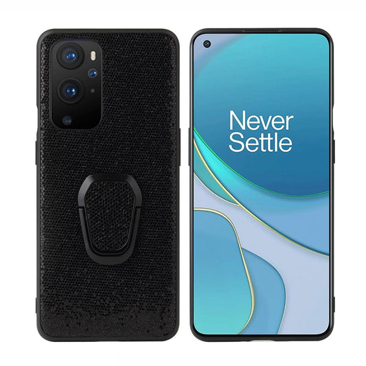 Ring-Shape Kickstand Design PU Leather Coated TPU Phone Cover Shell with Built-in Metal Sheet for OnePlus 9 Pro