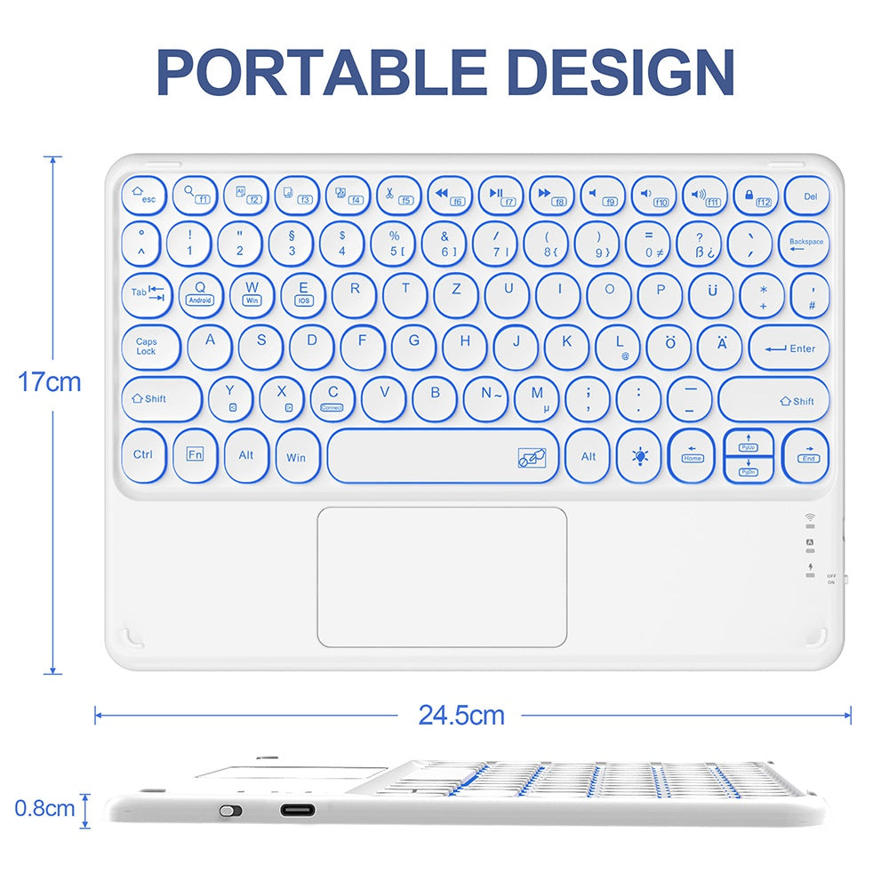 10 inch Portable Wireless Bluetooth Keyboard with 7 Backlit/Touchpad for Android/iOS/Windows Round Keycap Slim Cordless Keyboard