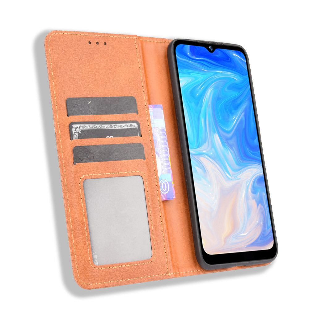 Magnetic Auto-absorbed Well-Protected Vintage Style Leather Wallet Design Phone Case Cover with Stand for Doogee N40 Pro