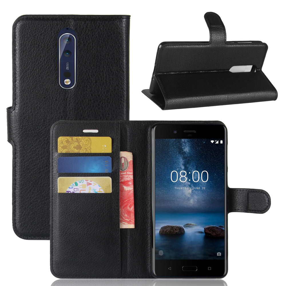 Litchi Skin Wallet Leather Magnetic Protective Cover for Nokia 8