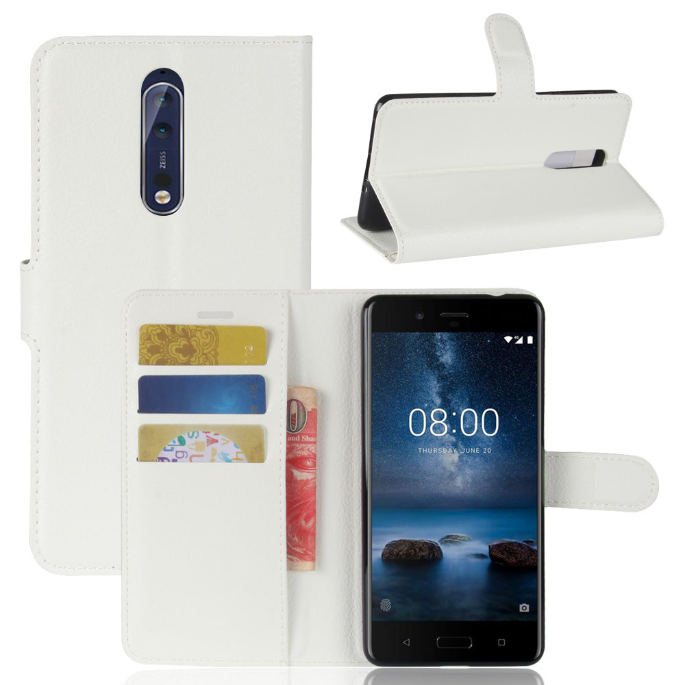 Litchi Skin Wallet Leather Magnetic Protective Cover for Nokia 8