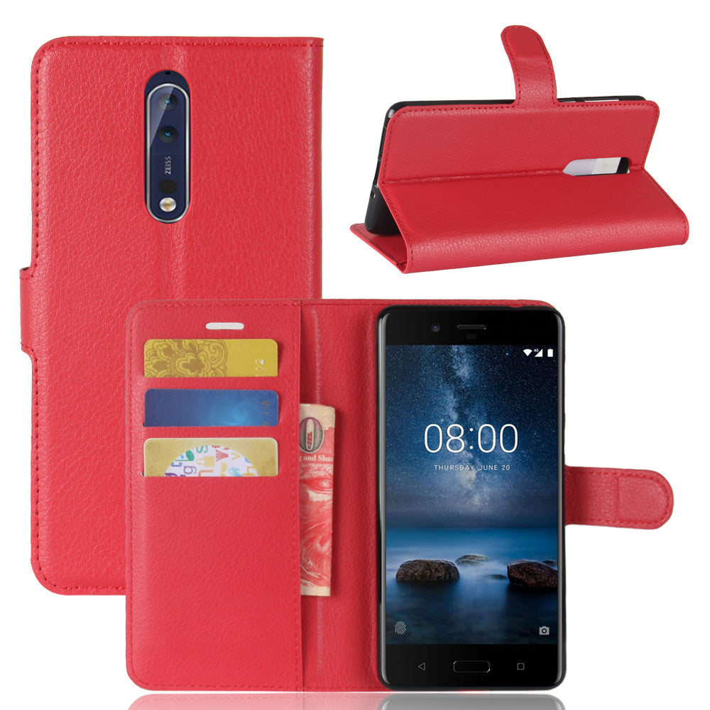 Litchi Skin Wallet Leather Magnetic Protective Cover for Nokia 8