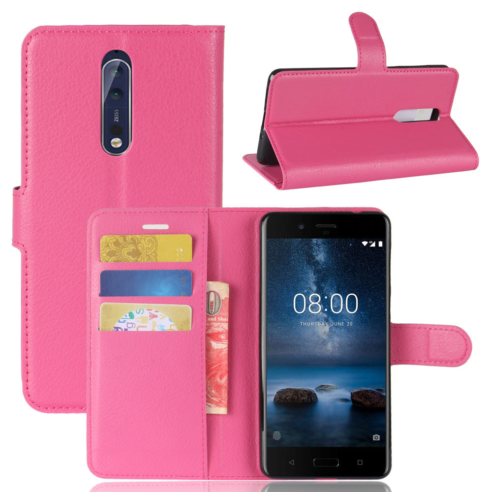 Litchi Skin Wallet Leather Magnetic Protective Cover for Nokia 8