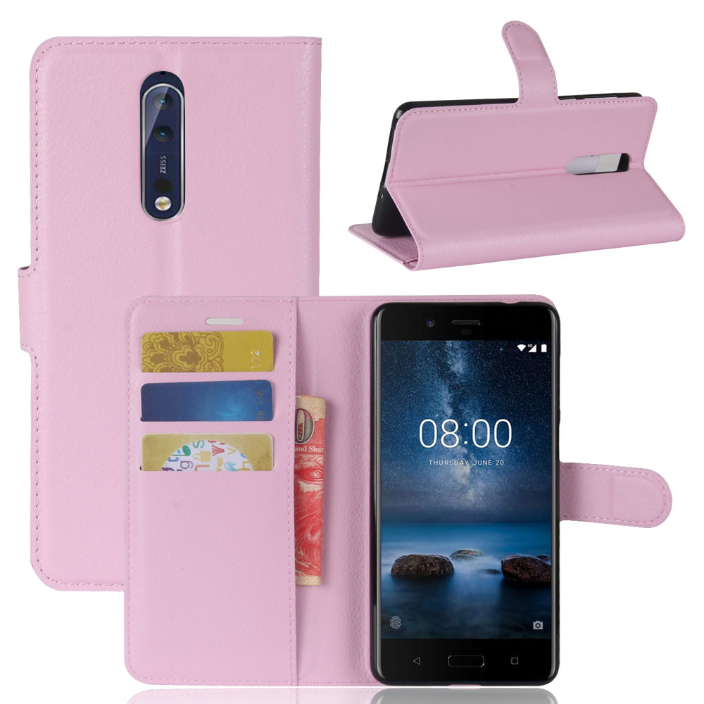 Litchi Skin Wallet Leather Magnetic Protective Cover for Nokia 8