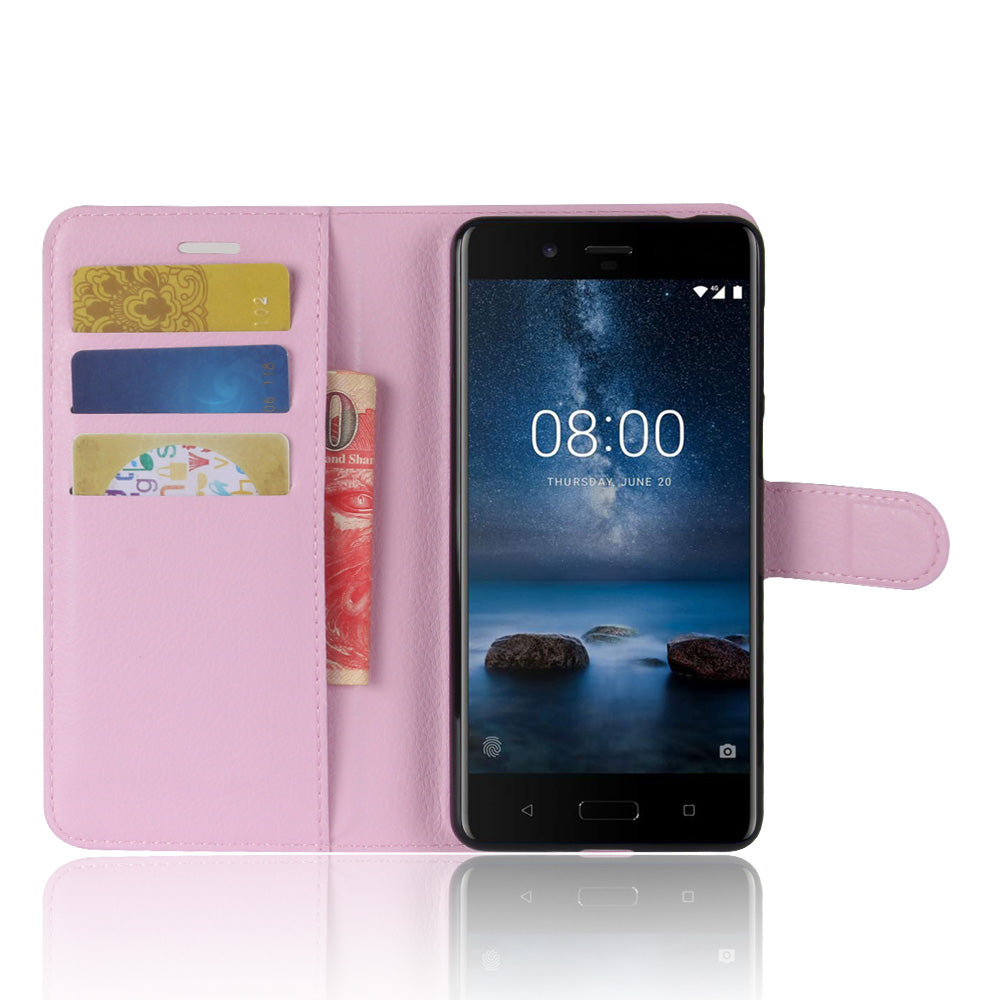 Litchi Skin Wallet Leather Magnetic Protective Cover for Nokia 8