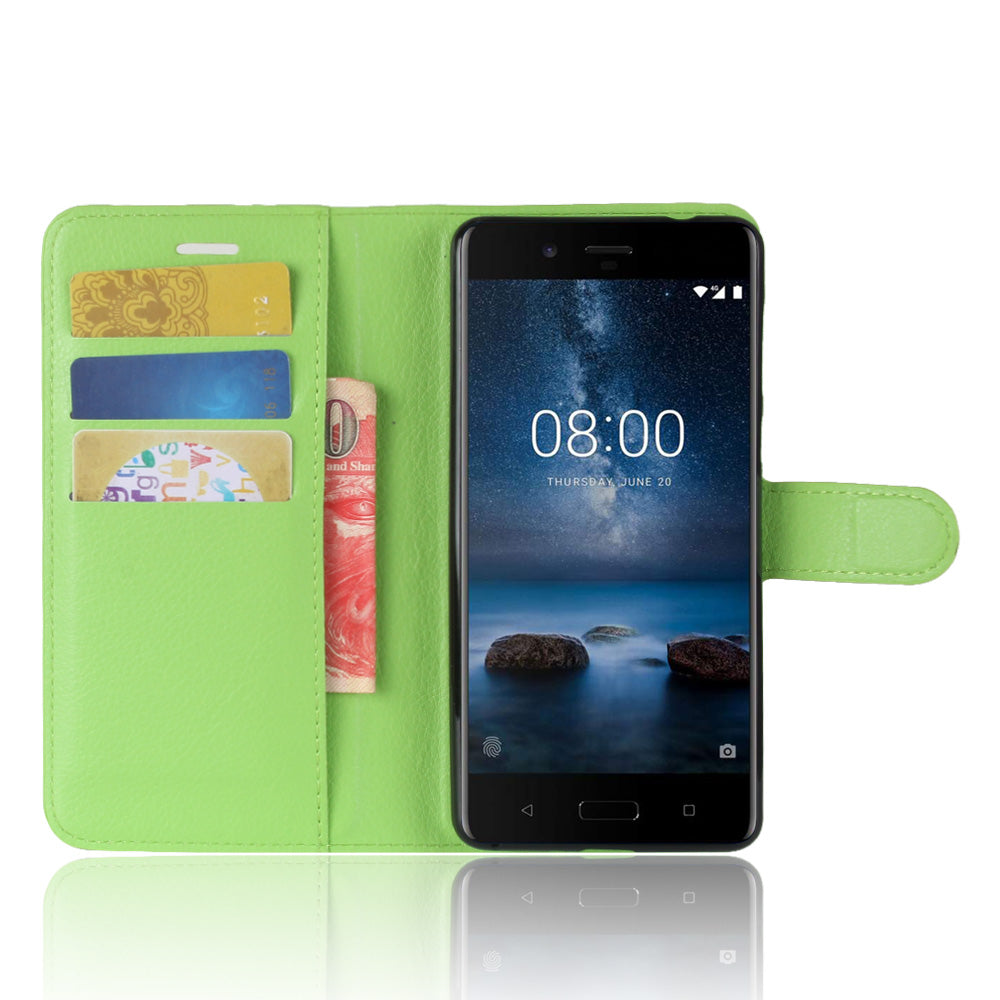 Litchi Skin Wallet Leather Magnetic Protective Cover for Nokia 8