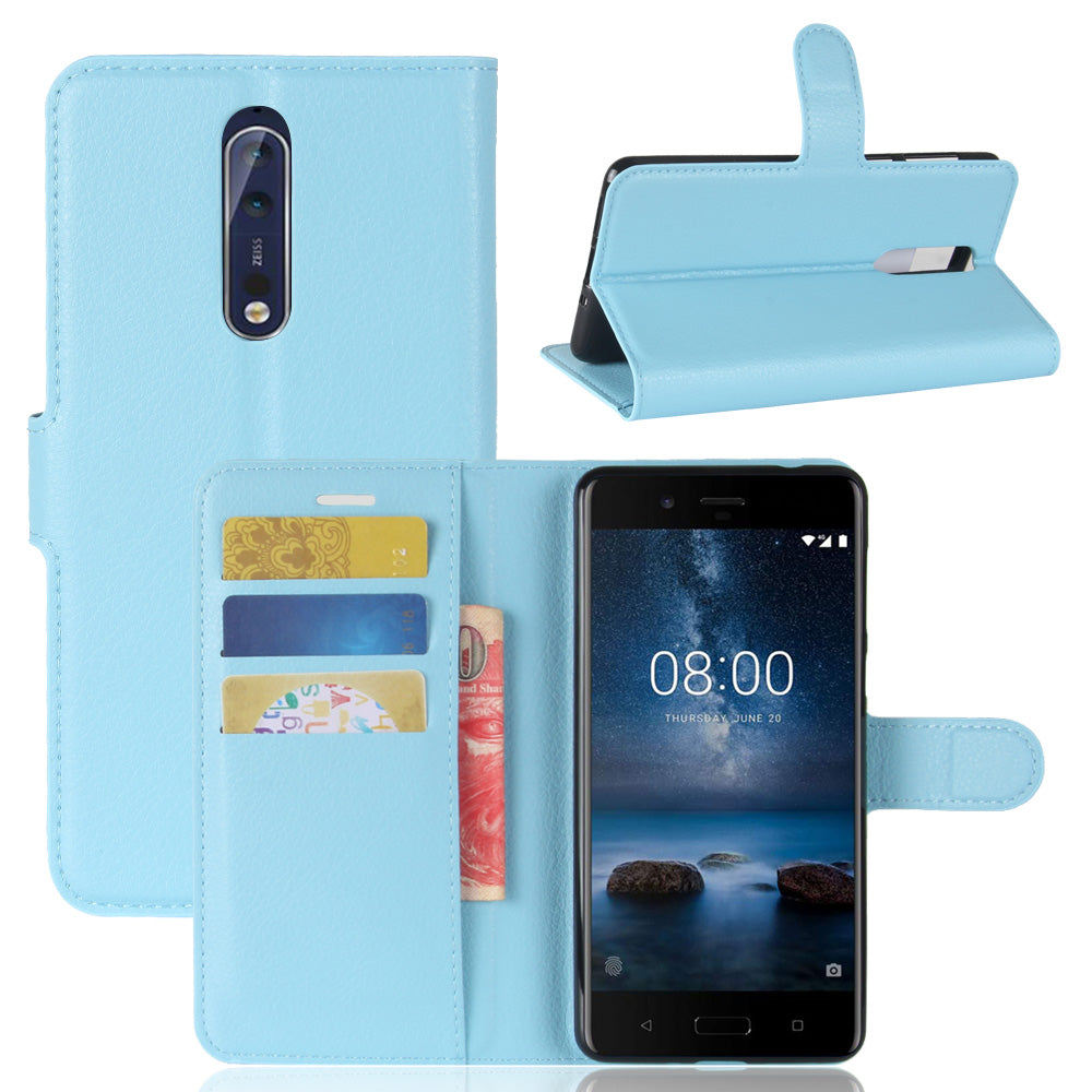 Litchi Skin Wallet Leather Magnetic Protective Cover for Nokia 8