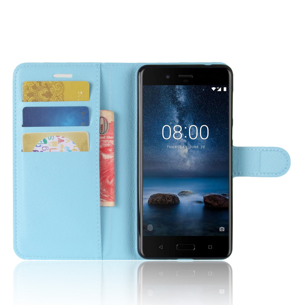 Litchi Skin Wallet Leather Magnetic Protective Cover for Nokia 8