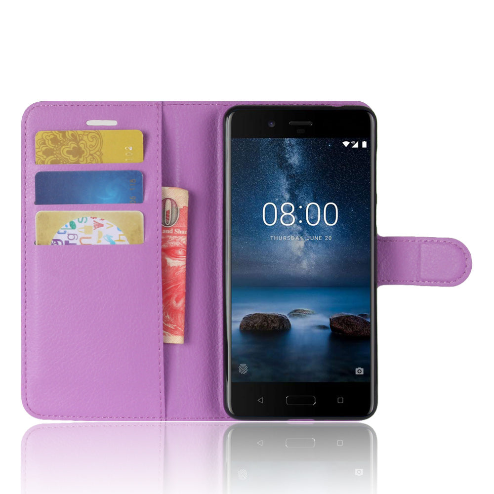 Litchi Skin Wallet Leather Magnetic Protective Cover for Nokia 8