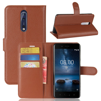 Litchi Skin Wallet Leather Magnetic Protective Cover for Nokia 8