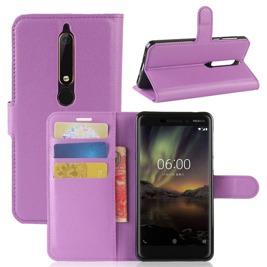 Litchi Texture PU Leather Wallet Stand Mobile Phone Shell for Nokia 6.1 (5.5-inch)