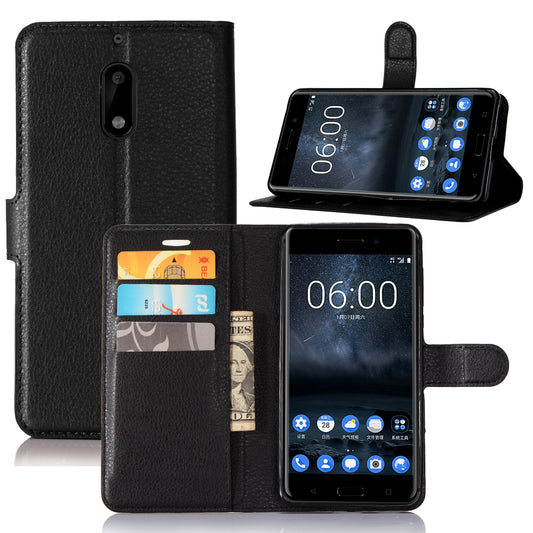 For Nokia 6 Litchi Grain 3 Card Holders Wallet Leather Stand Case