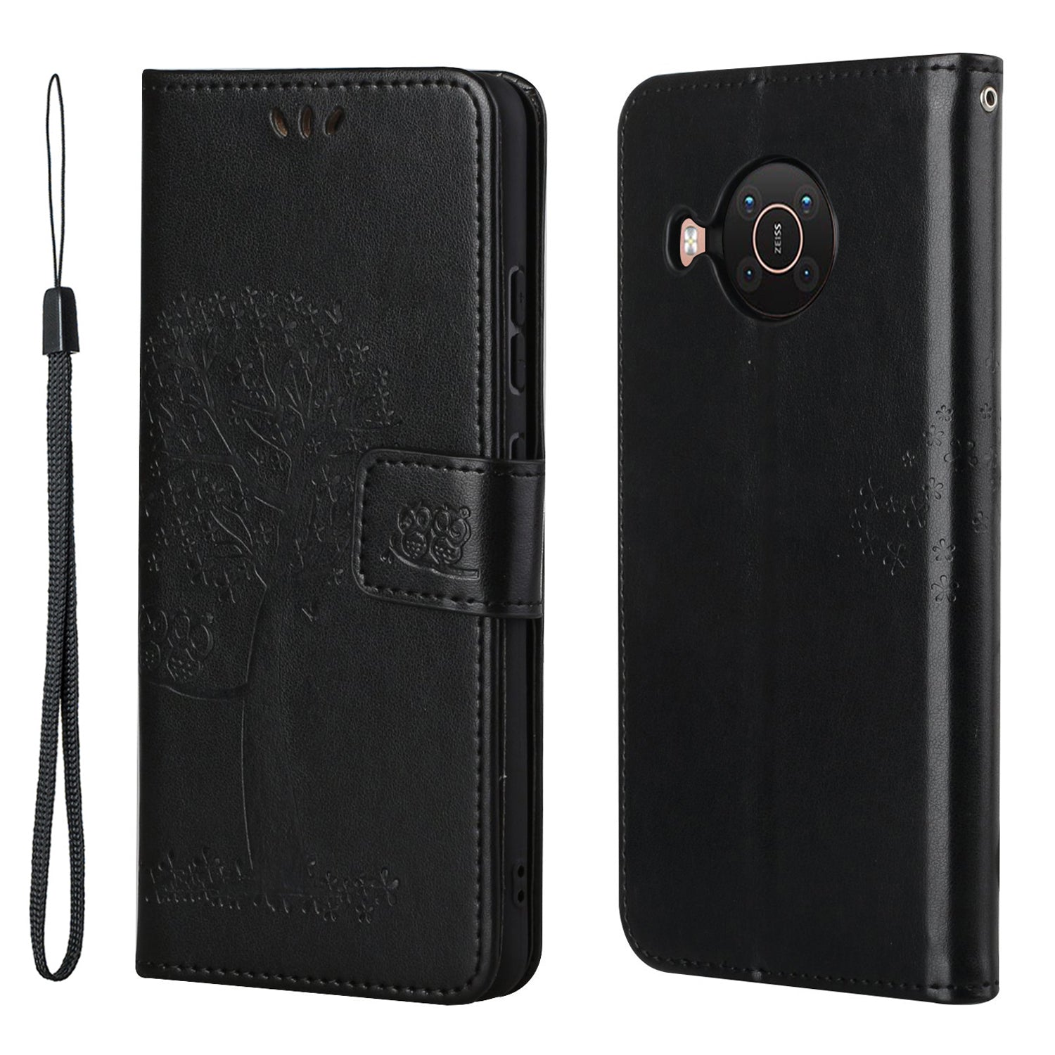 Wallet Design Leather Stand Phone Cover Case with Owl Tree Pattern Imprint for Nokia X10/X20