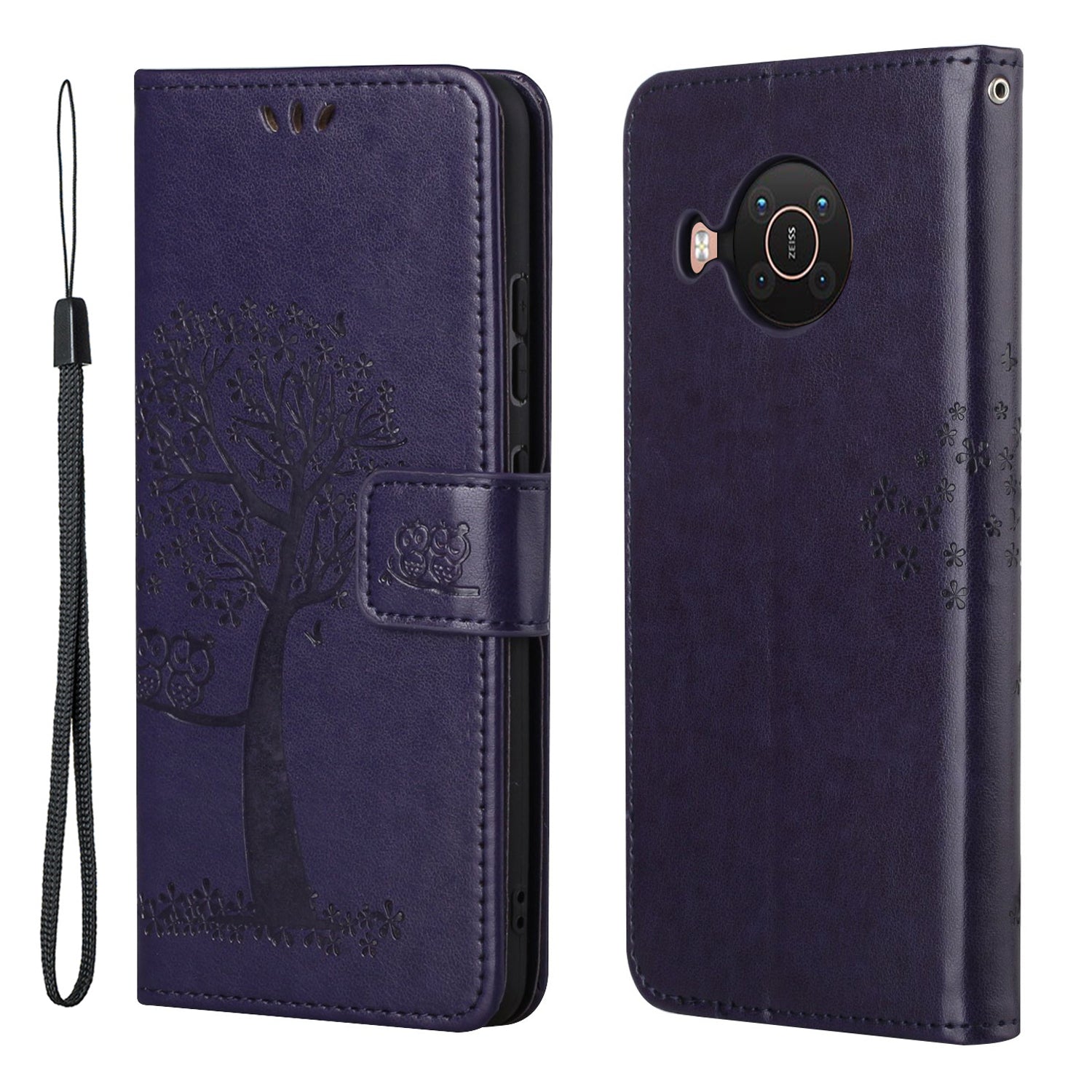 Wallet Design Leather Stand Phone Cover Case with Owl Tree Pattern Imprint for Nokia X10/X20