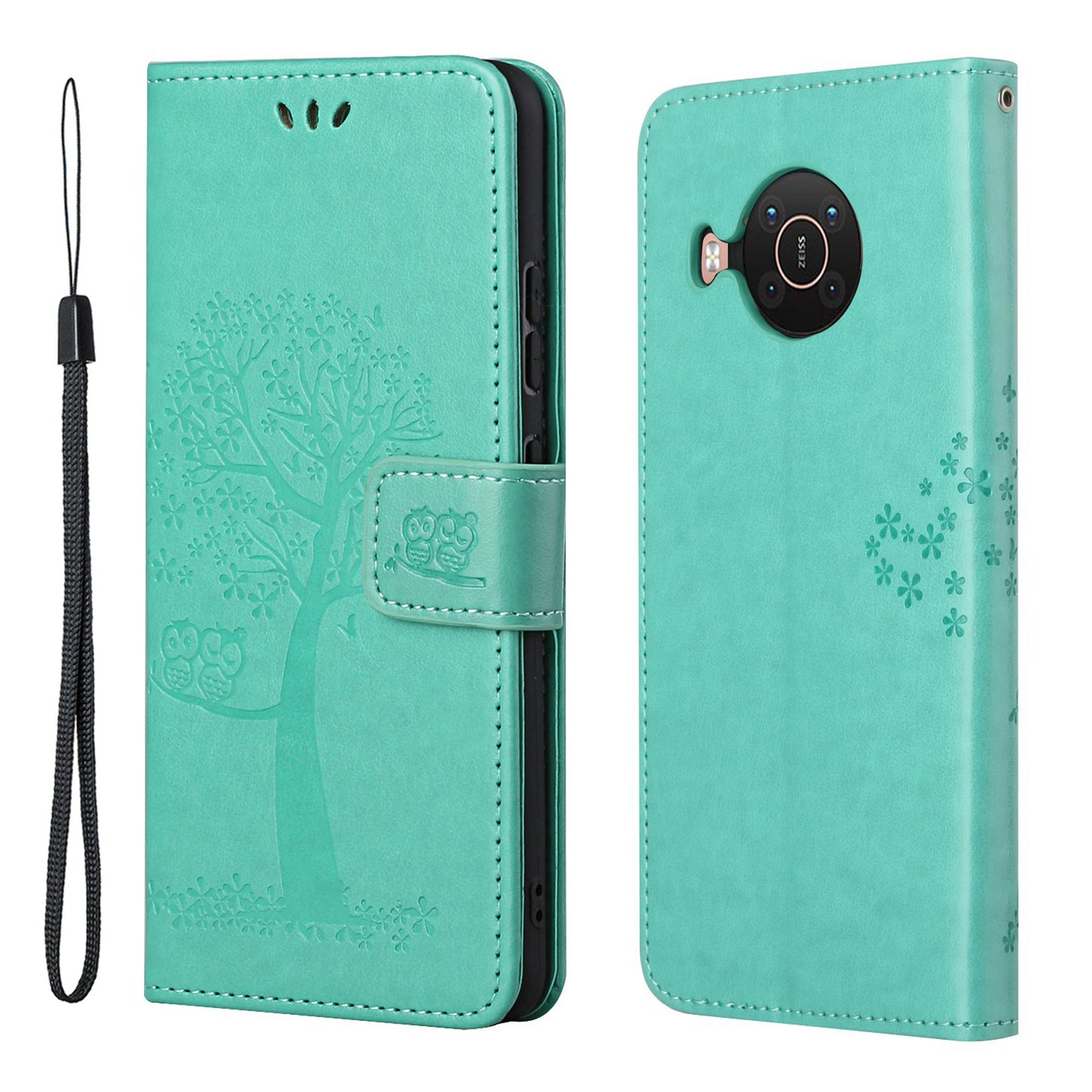 Wallet Design Leather Stand Phone Cover Case with Owl Tree Pattern Imprint for Nokia X10/X20