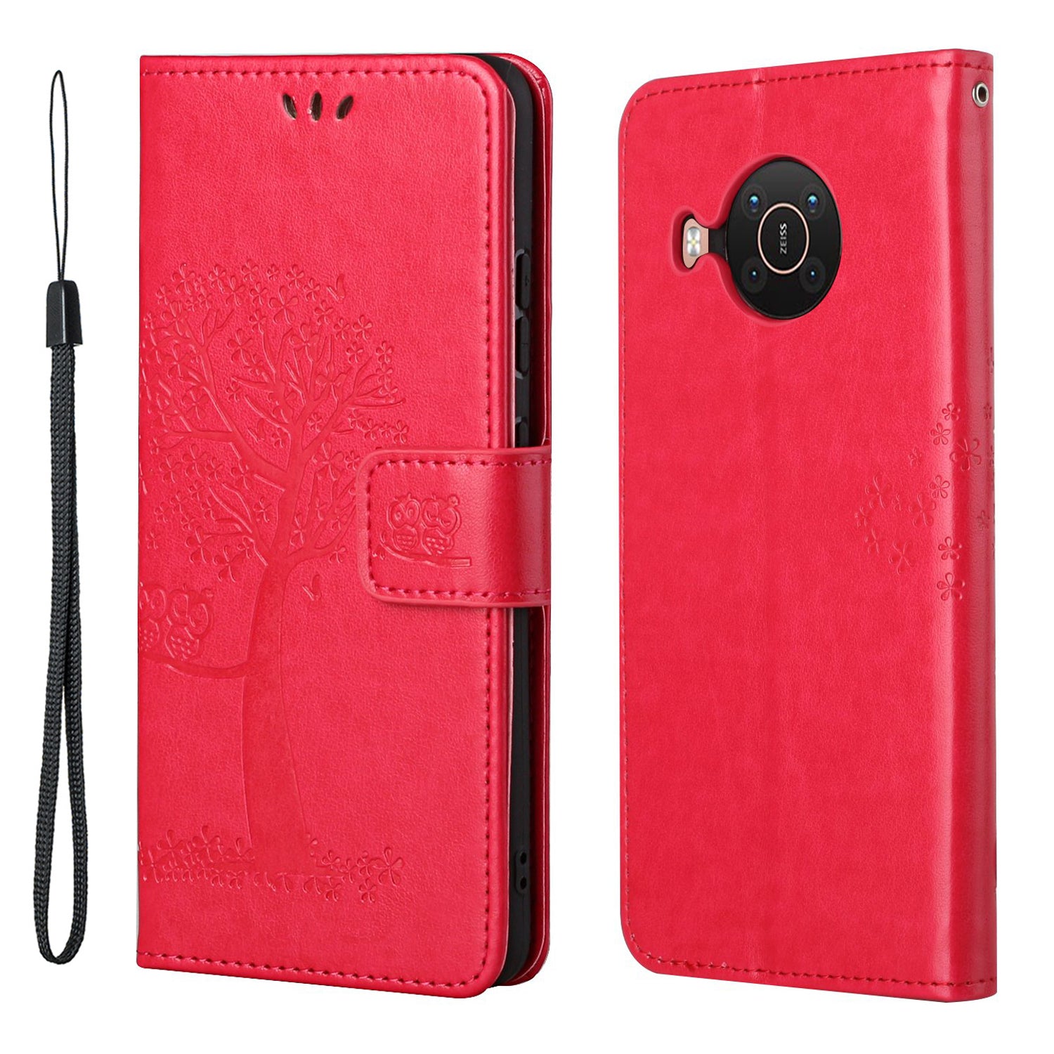 Wallet Design Leather Stand Phone Cover Case with Owl Tree Pattern Imprint for Nokia X10/X20