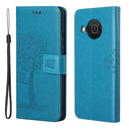 Wallet Design Leather Stand Phone Cover Case with Owl Tree Pattern Imprint for Nokia X10/X20