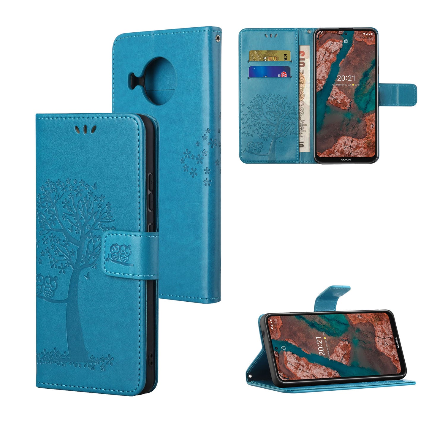 Wallet Design Leather Stand Phone Cover Case with Owl Tree Pattern Imprint for Nokia X10/X20