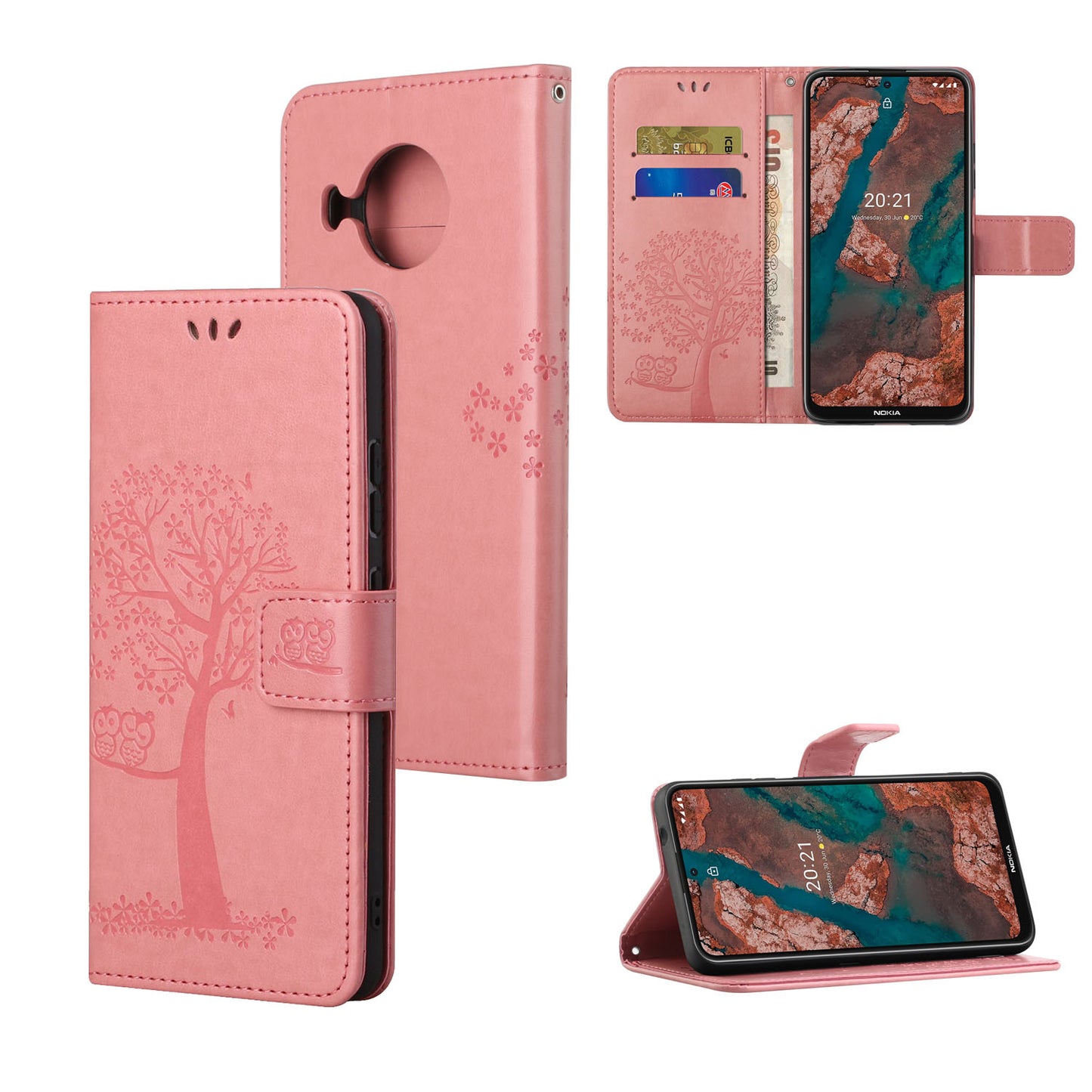 Wallet Design Leather Stand Phone Cover Case with Owl Tree Pattern Imprint for Nokia X10/X20