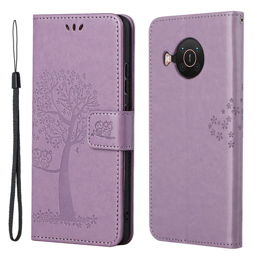 Wallet Design Leather Stand Phone Cover Case with Owl Tree Pattern Imprint for Nokia X10/X20