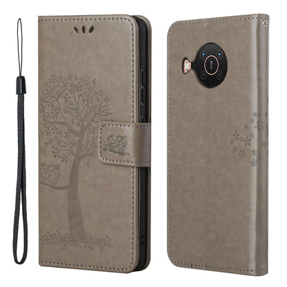 Wallet Design Leather Stand Phone Cover Case with Owl Tree Pattern Imprint for Nokia X10/X20