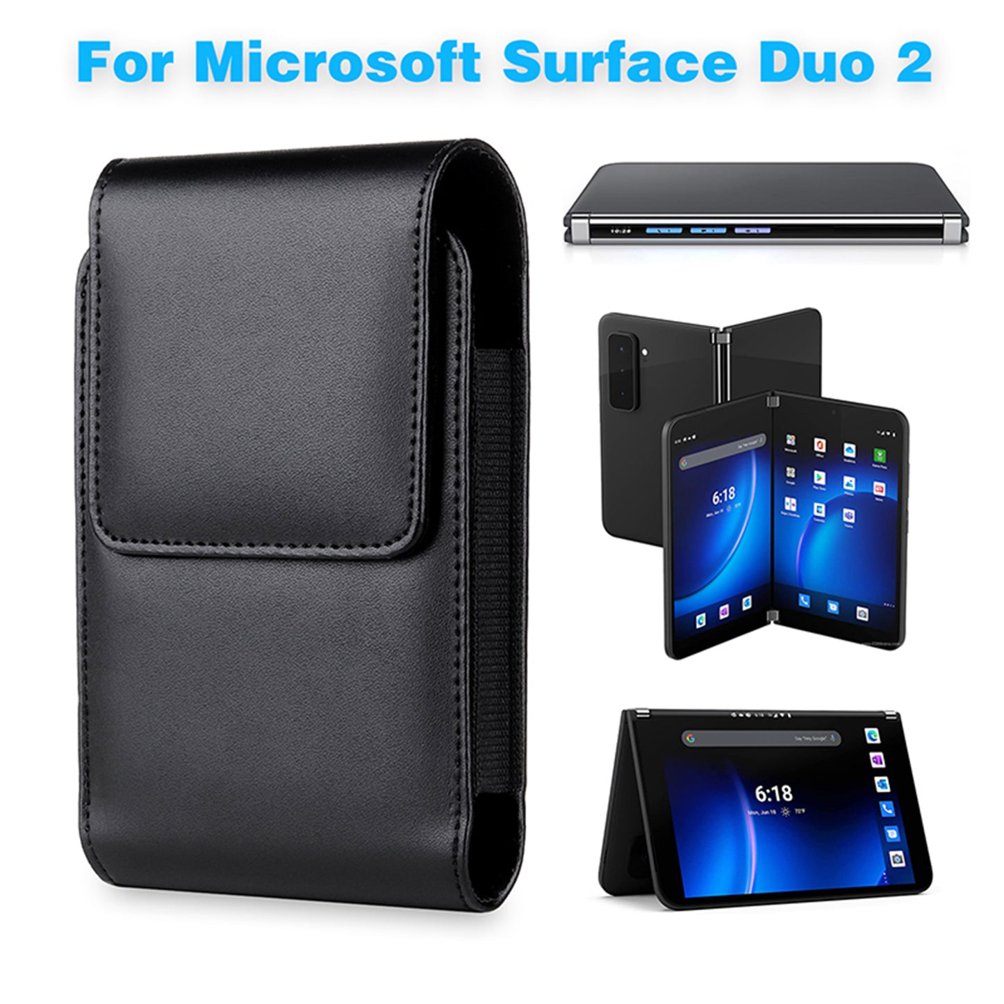 Rotary Back Clip Waist Belt PU Leather Phone Case Bag Magnetic Flip Protective Cover 153x100x22mm for Microsoft Surface Duo 2