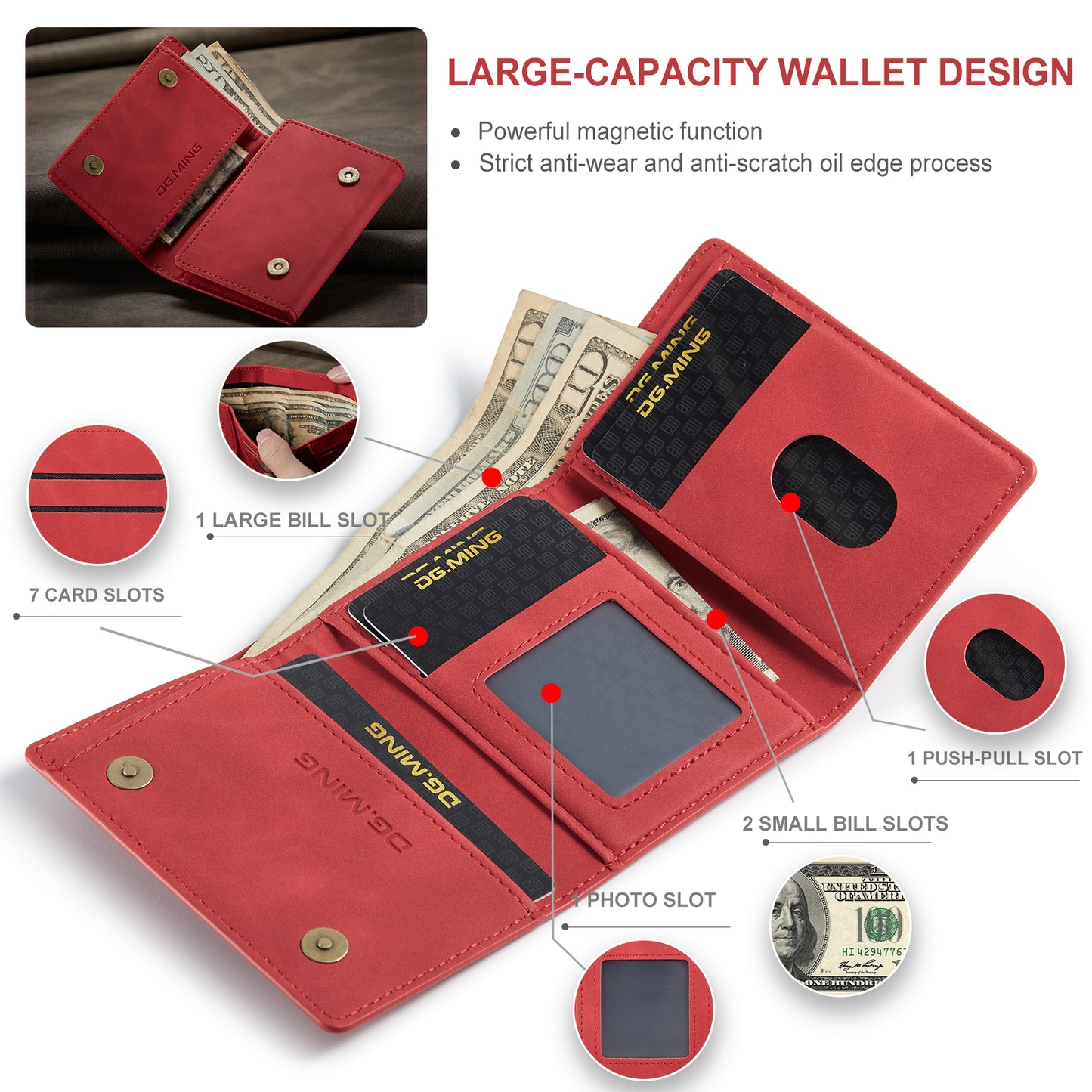 DG.MING M1 Series PU Leather Magnetic Absorption Closure Tri-fold Pocket Wallet Cash Card Holder Coin Purse