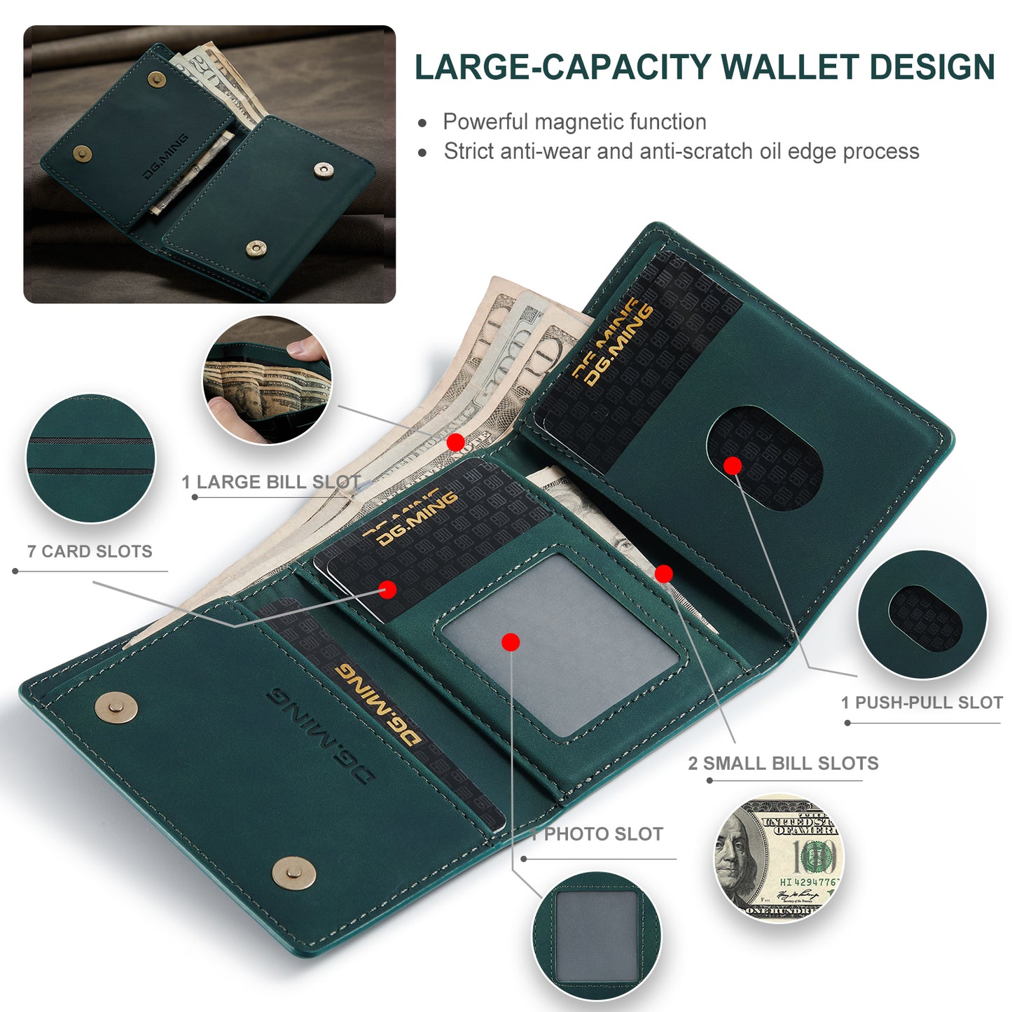 DG.MING M1 Series PU Leather Magnetic Absorption Closure Tri-fold Pocket Wallet Cash Card Holder Coin Purse