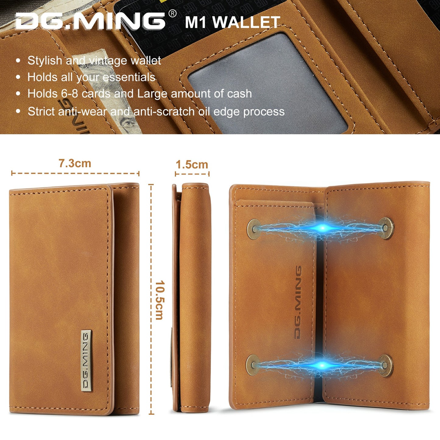 DG.MING M1 Series PU Leather Magnetic Absorption Closure Tri-fold Pocket Wallet Cash Card Holder Coin Purse