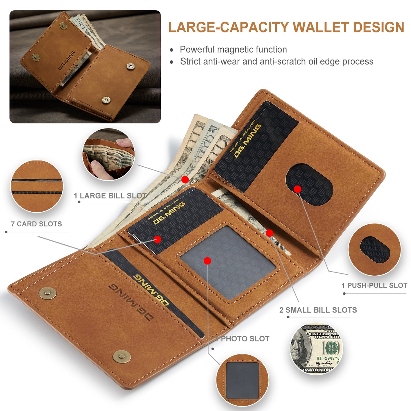 DG.MING M1 Series PU Leather Magnetic Absorption Closure Tri-fold Pocket Wallet Cash Card Holder Coin Purse