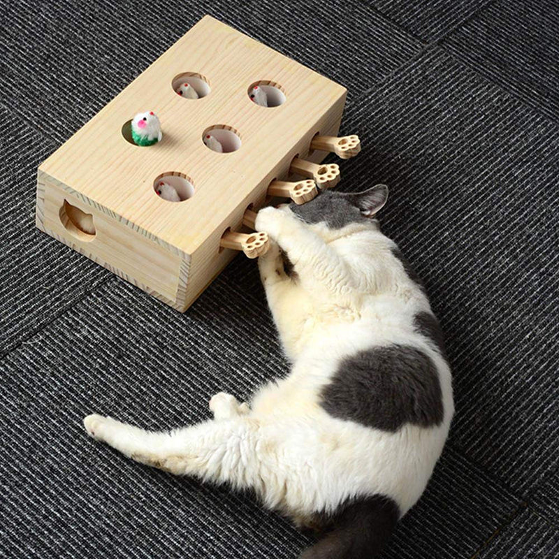 Cat Interactive Toy Cat Funny Hunt Toy Wooden Whack A Mole Mouse Game Puzzle Toy 5 Holes