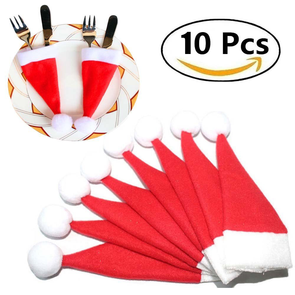 10Pcs/Set Christmas Caps Cutlery Holders Fork Spoon Tableware Pocket Santa Hat Decoration