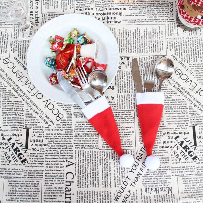 10Pcs/Set Christmas Caps Cutlery Holders Fork Spoon Tableware Pocket Santa Hat Decoration