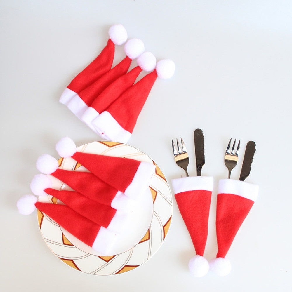 10Pcs/Set Christmas Caps Cutlery Holders Fork Spoon Tableware Pocket Santa Hat Decoration