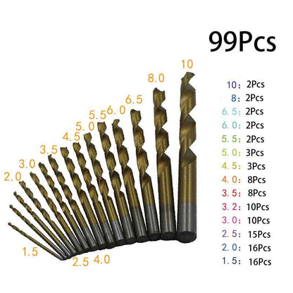 99Pcs/Set 1.5mm - 10mm Titanium HSS Drill Bits