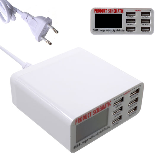 6 USB Ports Charger with Digital Display 30W Total 5V/6A Output