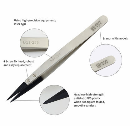 BEST BST-259A Stainless Steel Anti-static Fine Point Tweezers with Replaceable Tip