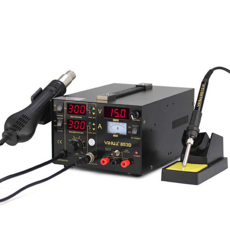 YIHUA 853D LED Soldering Rework Station + Hot Air Gun + 15V/1A Power Supply 3-in-1 Welding Tool