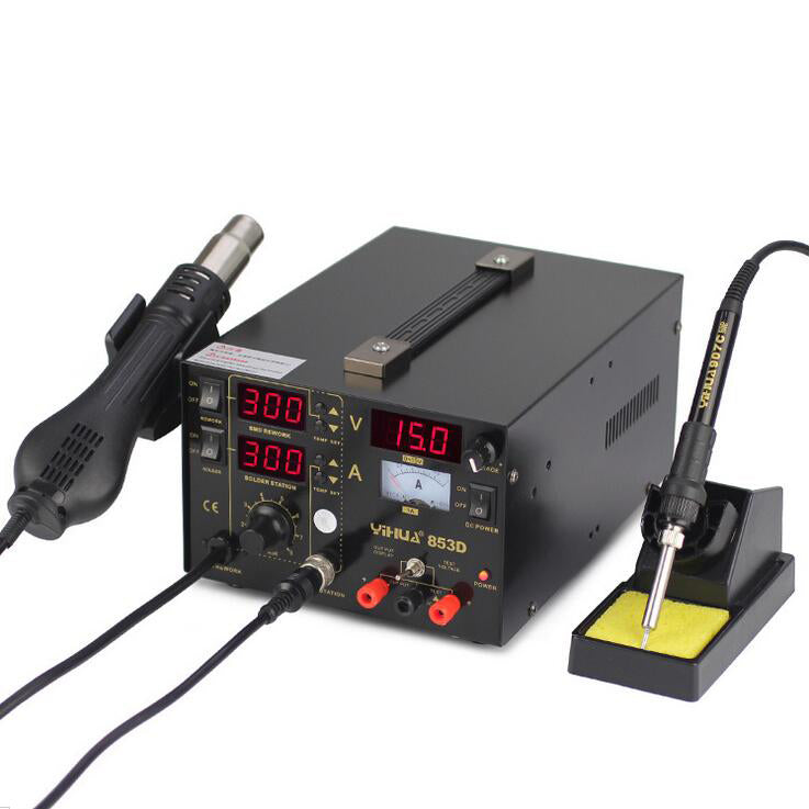 YIHUA 853D LED Soldering Rework Station + Hot Air Gun + 15V/1A Power Supply 3-in-1 Welding Tool